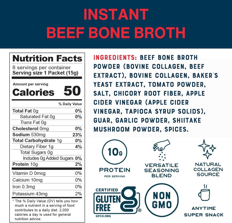 Bare Bones Beef Bone Broth Instant Powdered Mix | Rich Savory Packets on-the-Go No Artificial Flavors | 100% Grass Fed Keto & Paleo Friendly | 10g Protein | 4 Pack - Image 2